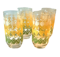 4 Retro Flowers n Hearts MCM Tumbler Glasses Yellow Green White
