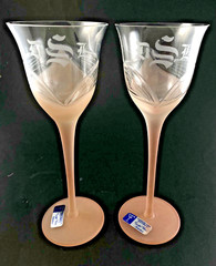 2 Art Deco Style Crystal Melinda Pink Frosted Wine Glasses Romania (initialed)