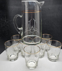Vintage MCM Gold Rim Rocks Glasses & Pitcher Gold Band Clear Glass Monogrammed W