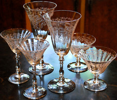 Vtg Set 6 BRYCE Glasses 798-4 Optic NEEDLE ETCHED ROSES 2 Water/Wine/Champagne