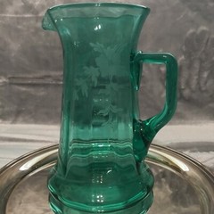 Rare Teal Antique Uranium Signed Hawkes 9” Lemonade Pitcher &3 Tumblers Etched