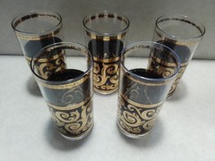 Vintage Set Of 5 Culvers 22k Gold Ebony Baroque Highball Glasses