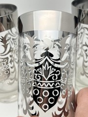 Vintage MCM Kimiko Silver Knights Shield Tumbler Glasses Set Of 3 Barware EUC