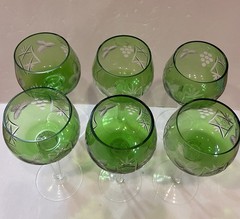 Six (6) Crystal Hock Wine Glass Green Cut-to-Clear Etched Grape 8.25″ Stems
