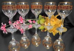 5 Vintage Gold & Cranberry Scroll Banded Wine Glasses Goblets Set