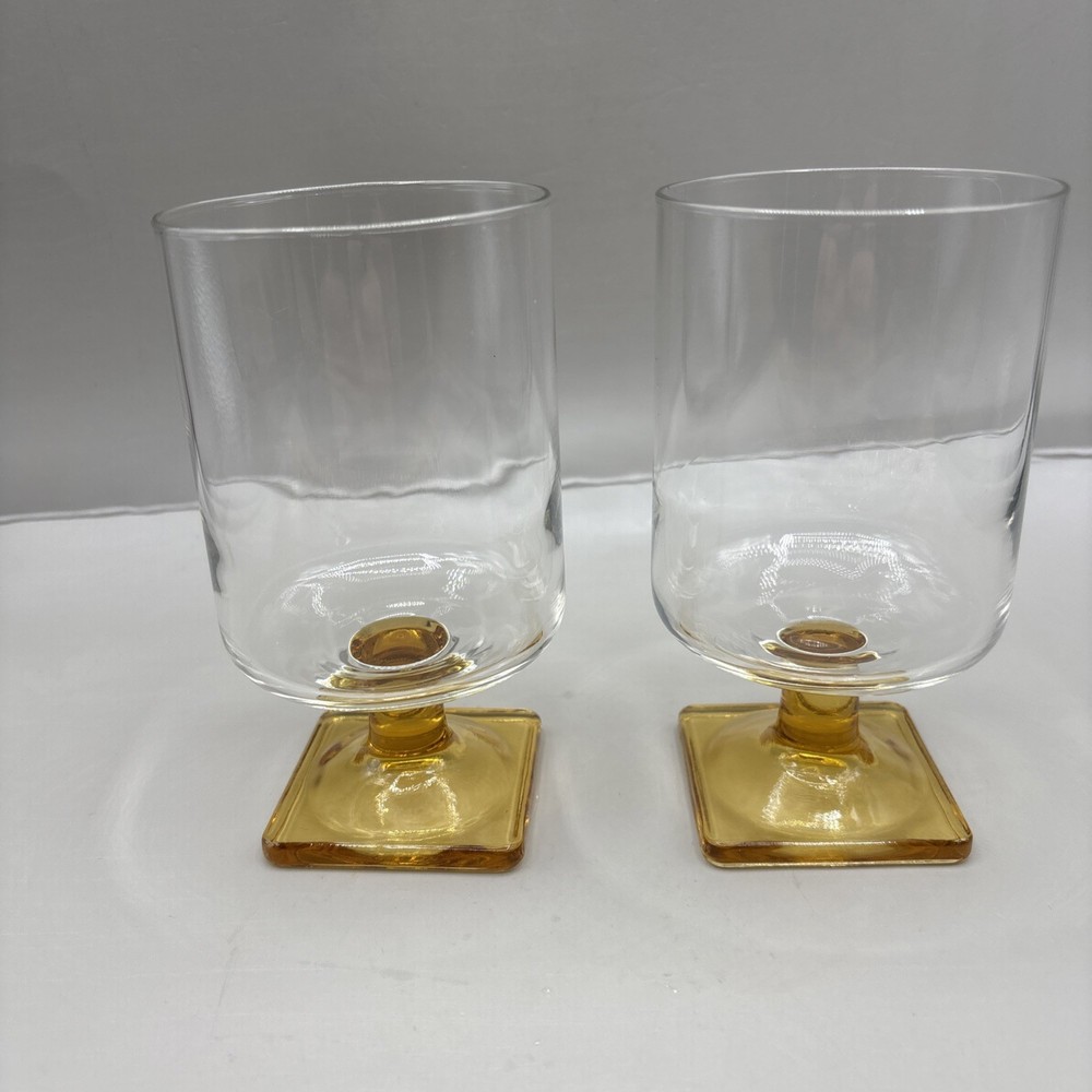 Set of 2 Vintage Federal Glass Topaz Nordic Square Base Stem Glasses Goblet MCM