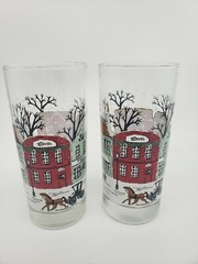 Set of 2 Libbey Winter Village Drinking Glasses Christmas Sleigh Horse L70