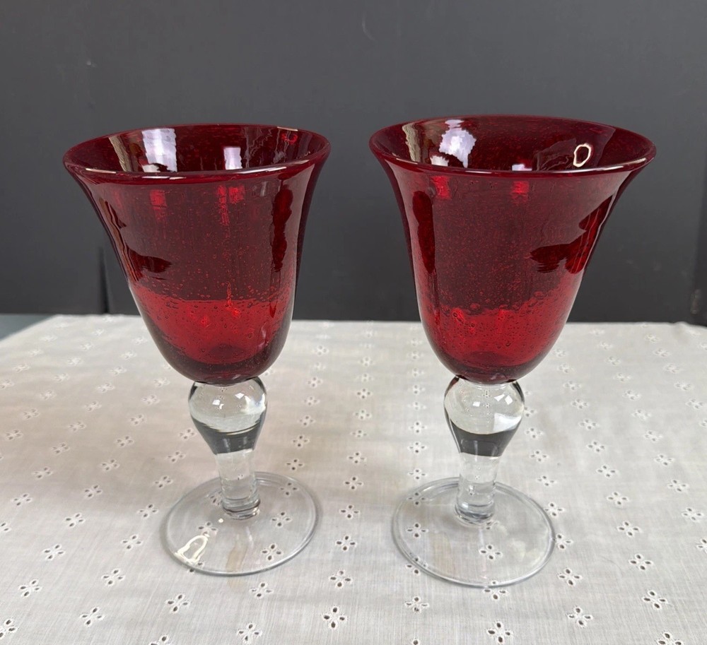 2 Wine/Water Hand Blown Glass Goblets Stemware Barware Ruby Red Bubbles