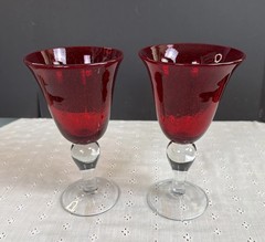 2 Wine/Water Hand Blown Glass Goblets Stemware Barware Ruby Red Bubbles