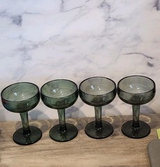 Vtg Smokey Avocado Green Coupe Glasses Set 4 Recycled Hand Blown Glasses Chunky