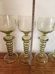 Set Of 4 Olive Green Glass Wine Goblets Or Roemers Etched Fritz Heckert?