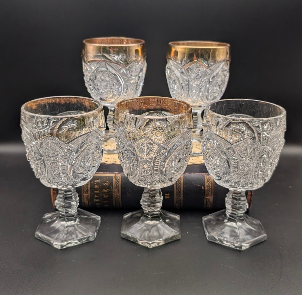 US Glass Comet Pattern Stemmed Goblets Gold Rim Buzz Star Whirligig Set of 5
