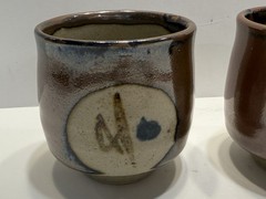 Handmade Japanese Stoneware Yunomi Tea Cups Pottery Signed Pair 3.5” Japan Set