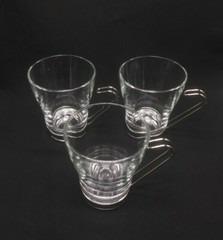 Vitrosax Italy Glass Cappuccino Cups Metal Handle Mid Century Barware Set of 3
