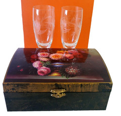 Short Etched Champagne Flutes Button Base in VTG Hinged Plastic Decoupage Box