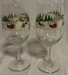 2 Libbey Winter Village Goblets Glass Wine Snow Winter Holiday Scene 7.75″