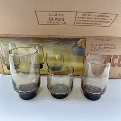 Tawny Accent by Libbey 24 piece Glasses Set Smokey Brown New in Box 70s Vintage
