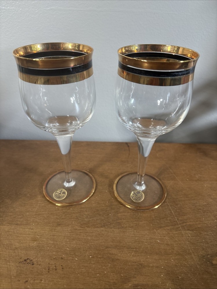 Same Cristallerie Vintage Set Of 2 Wine Glasses Gold Rim