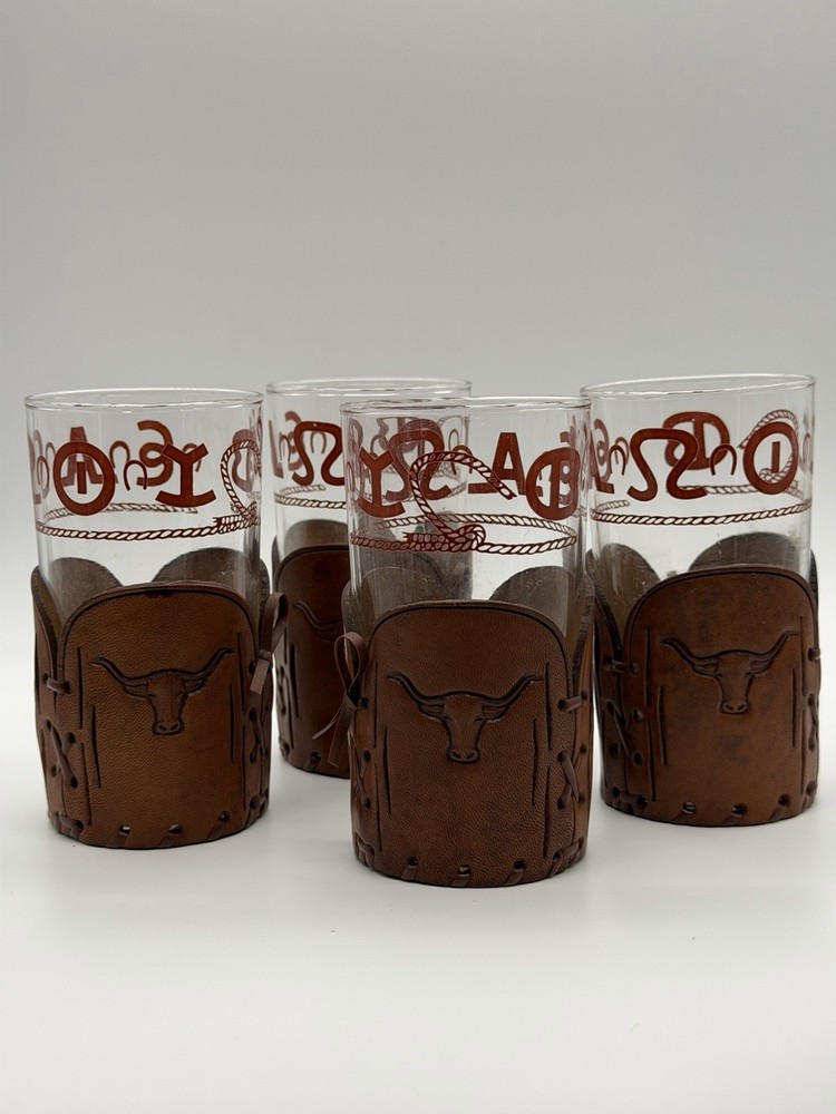 2 Vintage Bamco Western Tumbler Glasses Tooled Leather Sleeve Longhorn Cattle