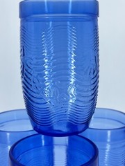 4 Sea Life Embossed Blue Glass Tumblers Seahorse Starfish Shell Fish Wavy Lines