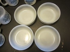 Vintage 8 GlasBake White & Blue Onion Milk Glass Mugs bowls Old Town Opaque 1950