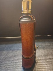 Vintage Glass Flask Brown Leather Case Zippered Lower Half Small Shot Glasses