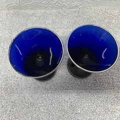 Vintage Set of 2 Cobalt Blue Cocktail Glasses with Silver Platinum Banding MCM