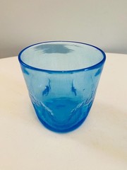 Vintage Blue Crackle Glass Indent Pinched Mid Century Art Glass Tumbler Set of 2