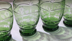 RARE!! Bohemian Green Cut to Clear Glass Low Ball Rocks Whiskey Tumbler Set of 6