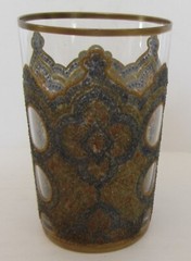VINTAGE CORALENE CLEAR GLASS TUMBER w/CATHEDRAL WINDOW DECOR~O. RIVIERE STICKER