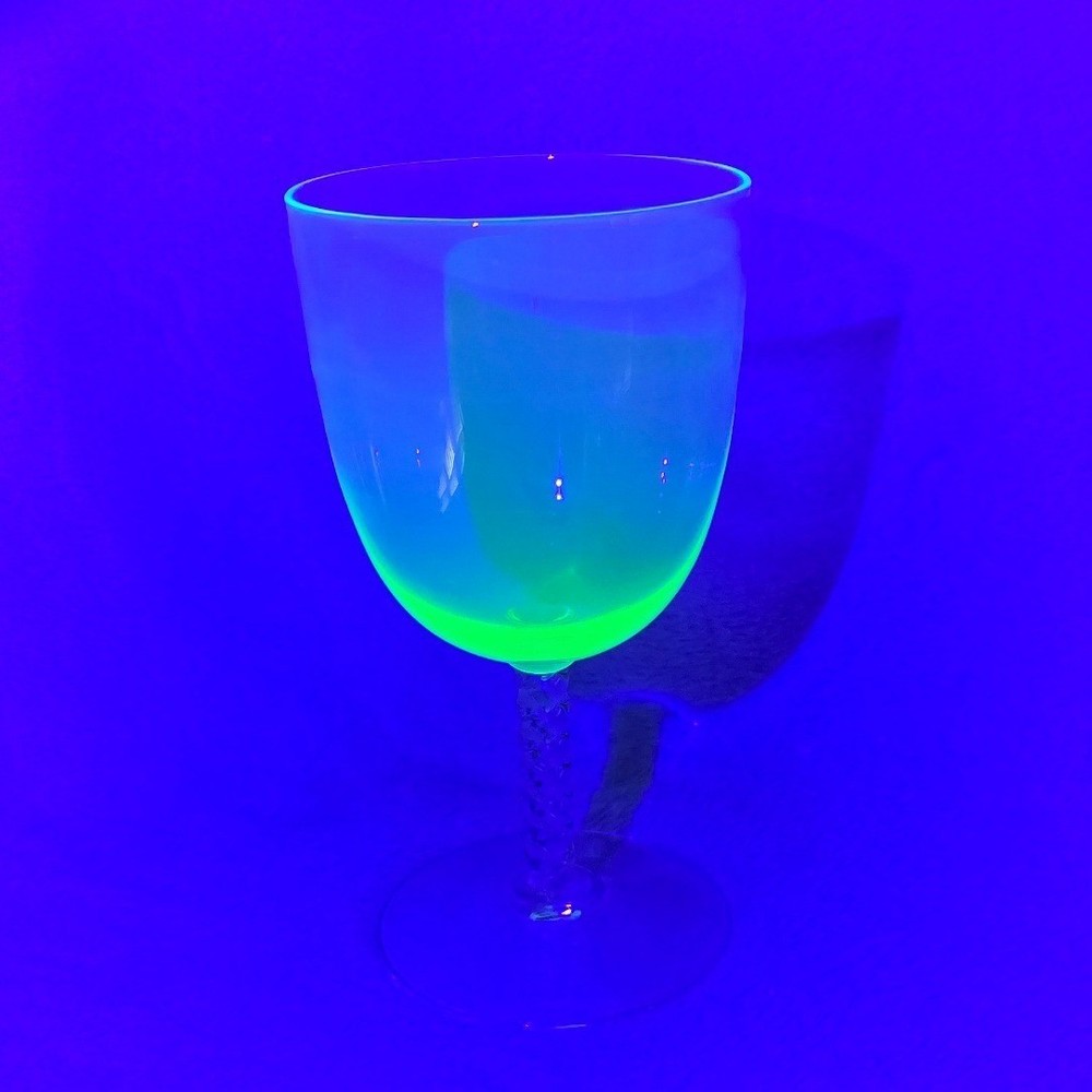 Vintage Uranium Glass Wine Goblet Teal Green Optic Bowl Twisted Clear Stem UV