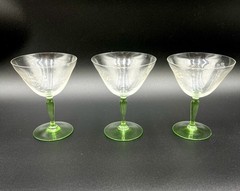 Etched Vintage Floral Champagne Glasses Green & Clear Etched Stemware 3 Ea