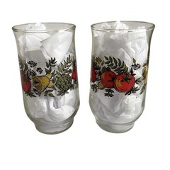Vintage Set of 2 Glass Tumbler Vegetables Motif Tomato Artichoke Mushroom 14 oz