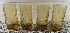 4 Lot VTG Anchor Hocking Rain Flower Daisy Amber Glass Beverage Tumblers 16 Oz