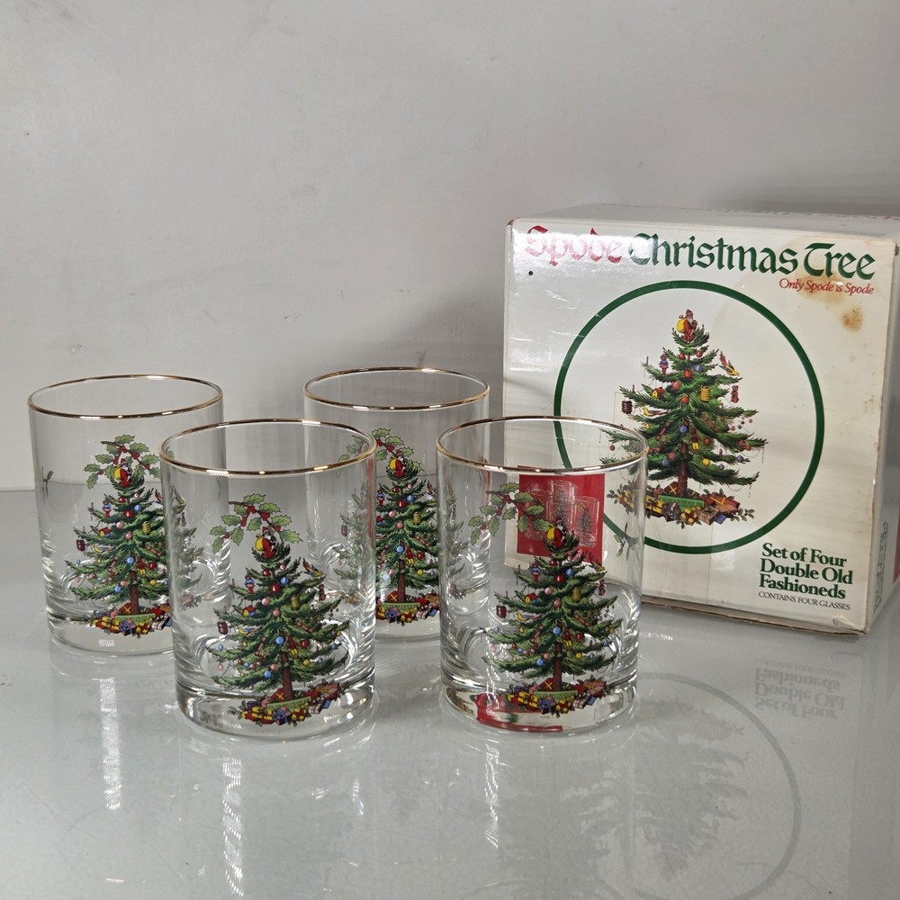 Set Of 4 Spode Christmas Tree Double Old Fashioned Glasses With Box