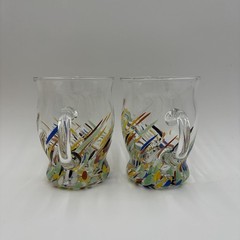Set of 2 Hand Blown «White Crystal» Clear Glass Confetti Coffee Mug Tea Cup