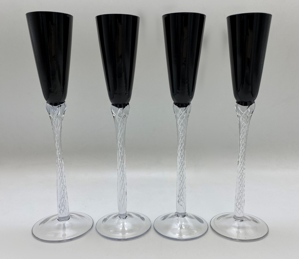 Tall Cordials Black Bowls Clear Air Twist Stems Set of 4 Stuart Iona? 3 Ounces