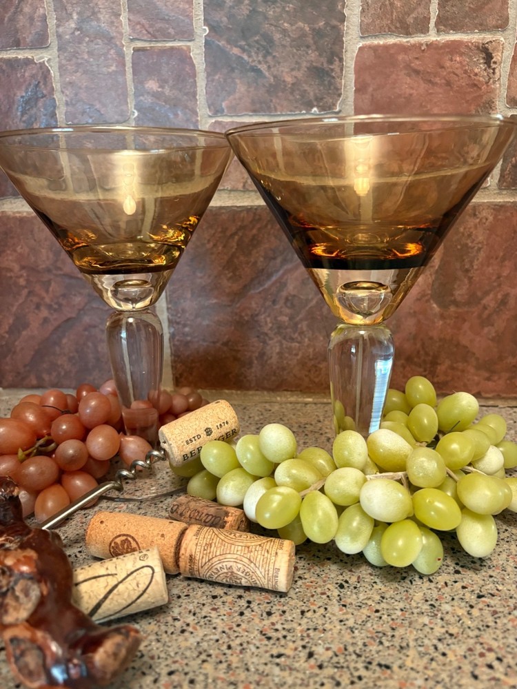 Martini Glasses (2) Amber and Heavy Clear Stem with Controlled Bubble under Bowl