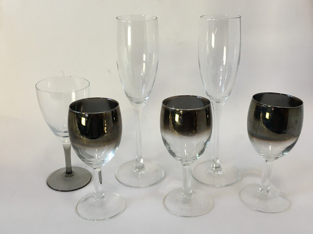 Silver Wine Glass Clear Mirror Smoke Gray Table Glass Stemware Stem Vtg Lot of 6