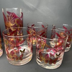 Fred Press Butterfly Glass Set 8 Cranberry Pink Gold Highball Rocks Mid Century