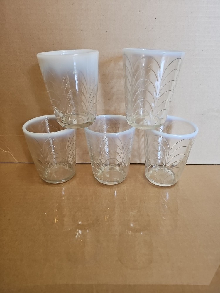 (5) Fenton 1910 EAPG Curtain Optic Clear Opalescent «Reverse Drape» Glasses 8 oz