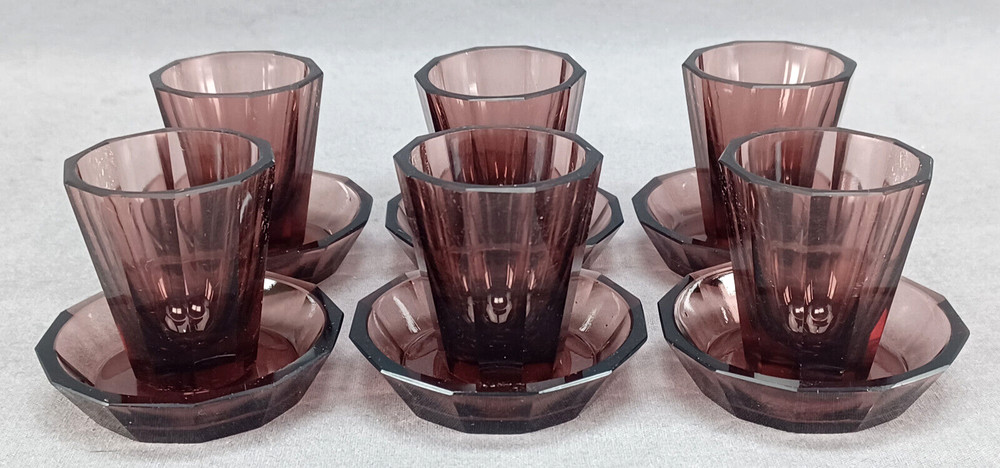 Set of 6 Czech Bohemian Art Deco Amethyst Cut Glass Shot Glasses & Under Trays