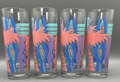 VTG 1980s Miami Palm Tree Highball Glasses Set of 4 Pastel Tropical Tom Collins