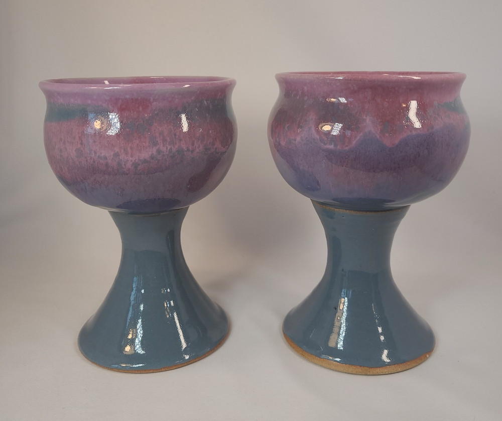 Studio Art Pottery Goblets Set of 2 Pink Lavender and Blue Gray
