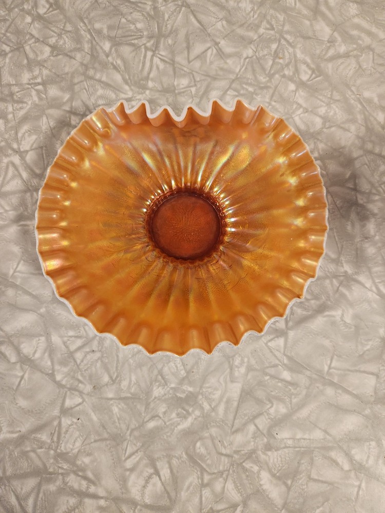 Dugan Marigold Peach Opalescent Carnival Glass Floral Bowl Ruffled Edged