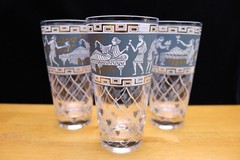 Vintage CERA Glass MCM 3 Etruscan Frieze Highball Glasses Tumblers 5 5/8 » Blue