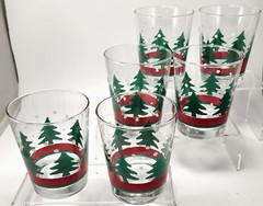 Libbey Christmas Double Old Fashioned Glasses 12oz Set of 6 Green Tree Red Band