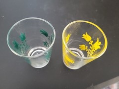 2 Vintage 3.75-Inch Glass Tumblers with Yellow & Green Tulip Design