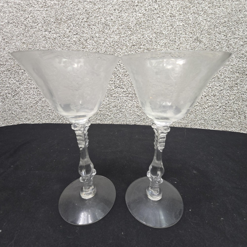 Vintage Etched Champagne Crystal Glasses Pair Clear Floral Rococo Stem Decor