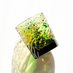 Crystal Whisky Glass Double Layers Japanese Style Edo Kiriko 9oz Amber Green